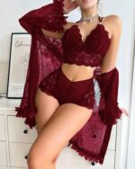 V-Neck Bralette Underware Suit With Mesh Bathrobe