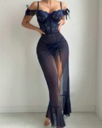 Women's Summer Cross-Border Sexy Off-Shoulder Camisole Lingerie Set Lace Patchwork Nightdress Embroidery Mesh See-Through Light - Image 3