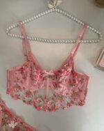 Pink Floral Embroidery Lingerie Set - Image 3