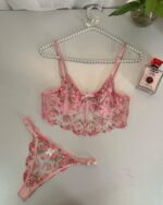 Pink Floral Embroidery Lingerie Set